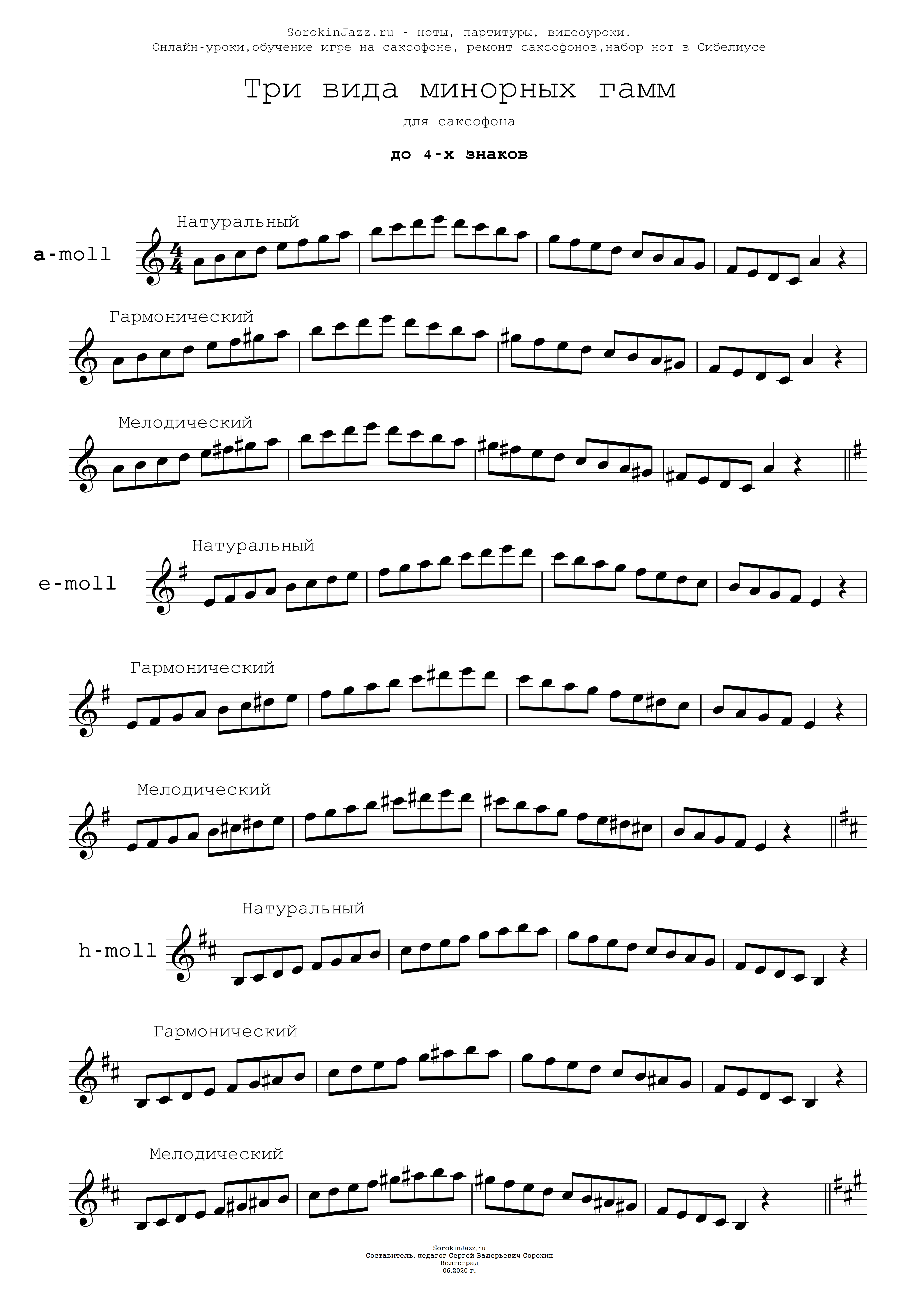Три вида минора до 4-х знаков — сборник гамм для саксофона → СорокинДжаз.ру