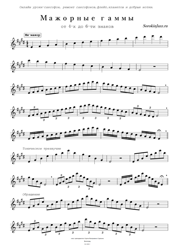 Мажорный гаммы для саксофона от4 до 6 знаков.